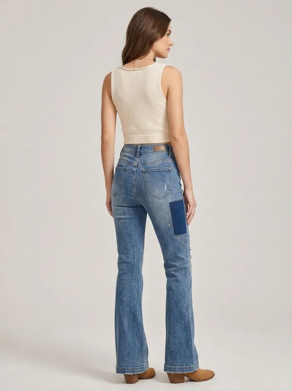 Women's Star Embroidered Patchwork Printed Flare Jeans