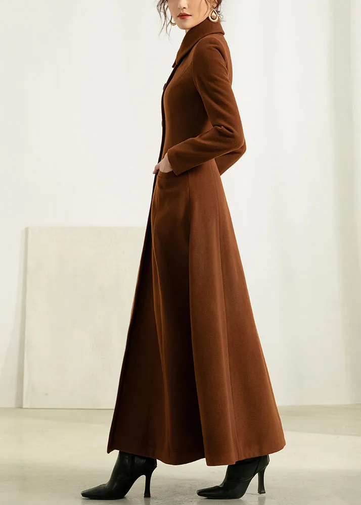 Refined Wool Blend Fit and Flare Single Breasted Pocketed Button Front Long Coat