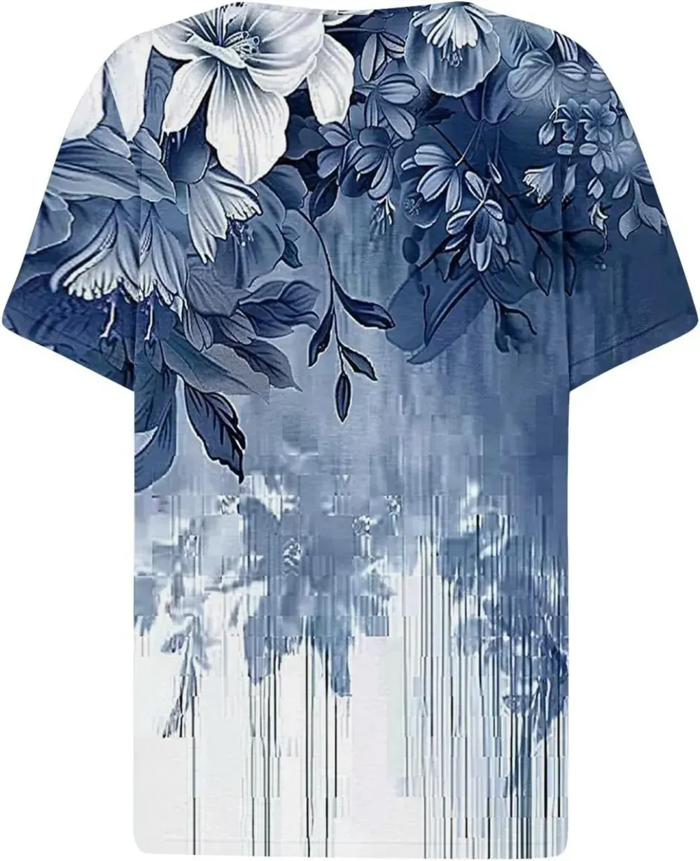 Shirts for Women Casual Printed Summer Tops Short-Sleeved Button V-Neck Tops Blouse Fashion Boho T-Shirts
