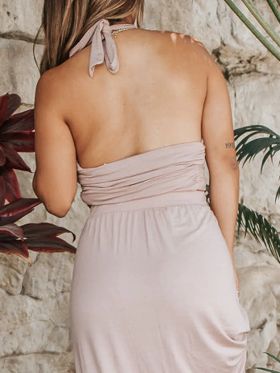 Nude Halter Top and High Slit Skirt Set