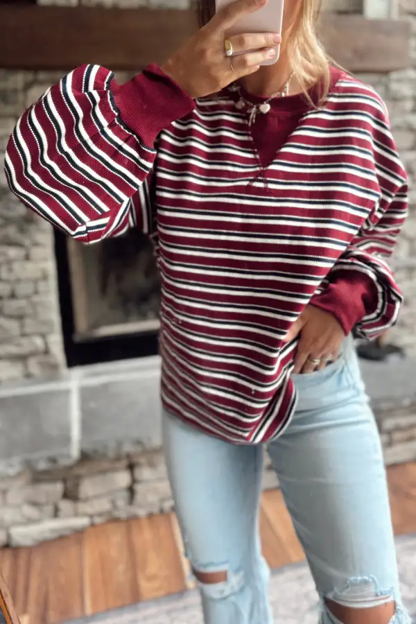 Refined Striped Ribbed Relaxed Long Sleeve Top