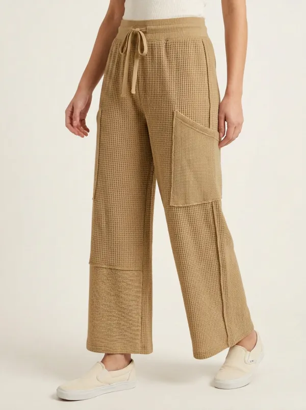 Women's Casual Waffle Knit Beige Drawstring Pocket Pants