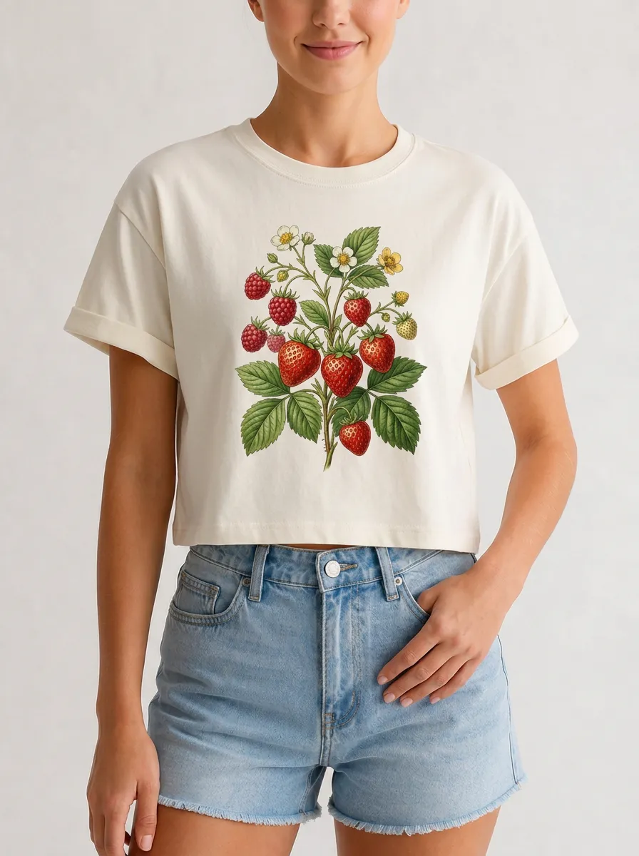 Women's Botanical Strawberry Raspberry Printed Crop Top