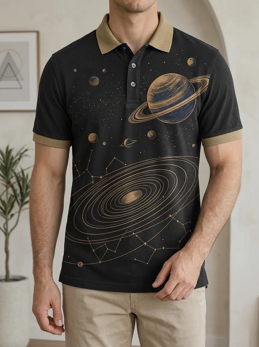 Men's Space Astronomy Saturn Galaxy Printed Polo Shirt
