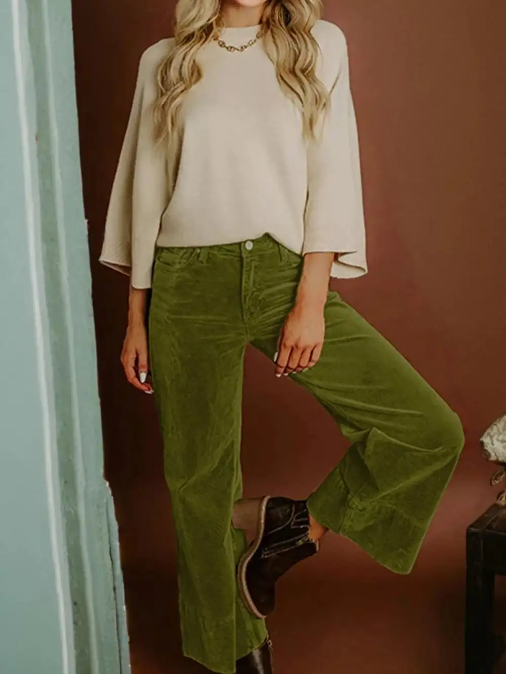 Corduroy Solid Color High Waist Wide Leg Pants