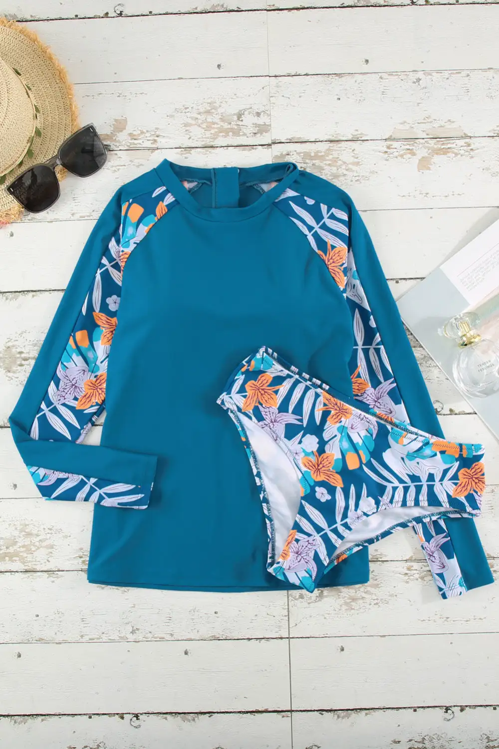 Swimwear Floral Print Zipper Long Sleeve Surfing Swimwear