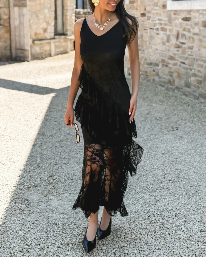 Ruffled Lace Trim Maxi Dress
