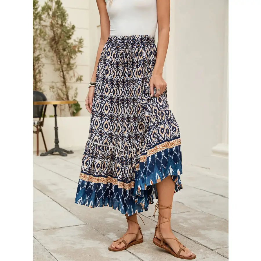 Bohemian Printed Ruched Maxi Skirt