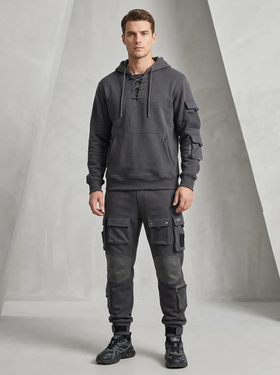 Urban Lace-Up Multi Pocket Style Men's Lace Up Hoodie And Cargo Jogger Set