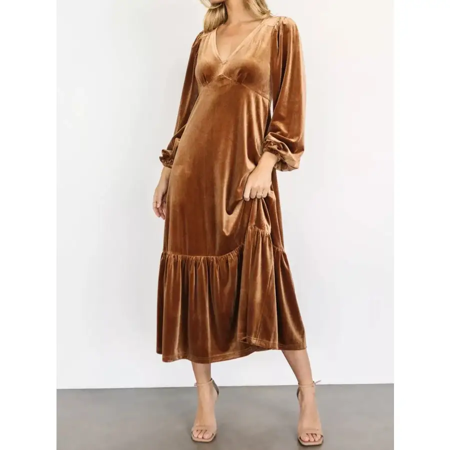 Velvet Tiered Long Sleeve Midi Dress