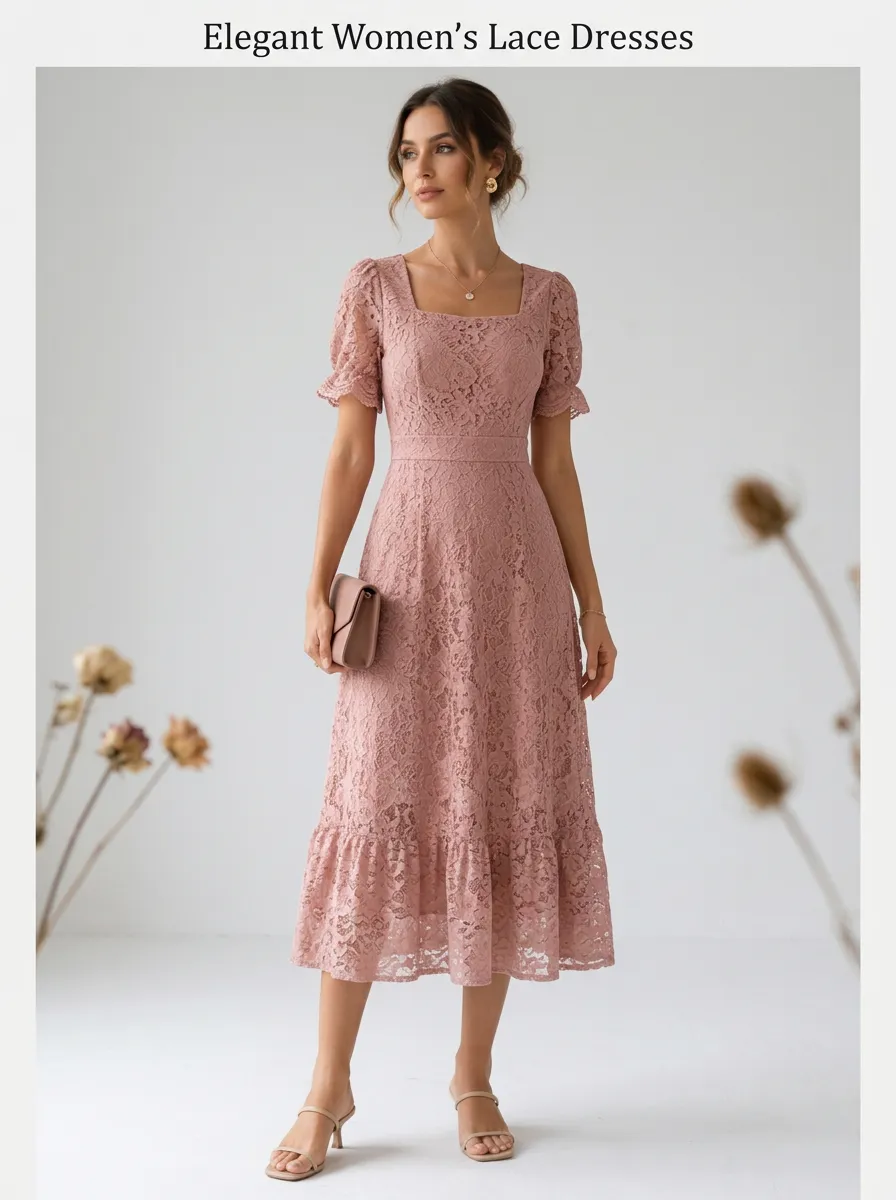 Women's Pink Floral Lace Square Neck Ruffled Midi Dress