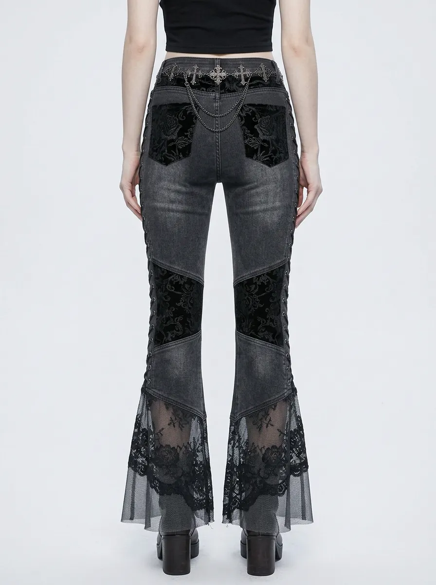Dark Skull Rose Lace Punk Look Women's Gothic Flare Pants