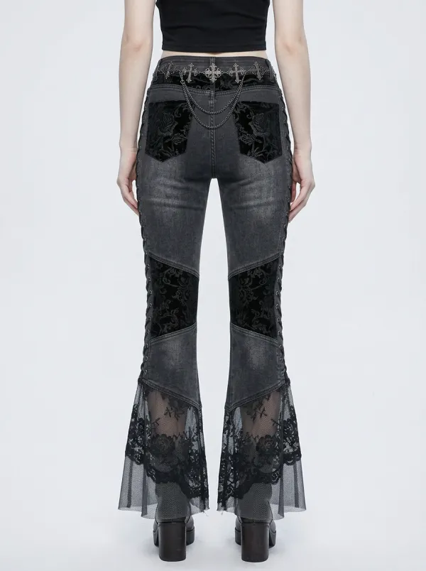 Dark Skull Rose Lace Punk Look Women's Gothic Flare Pants