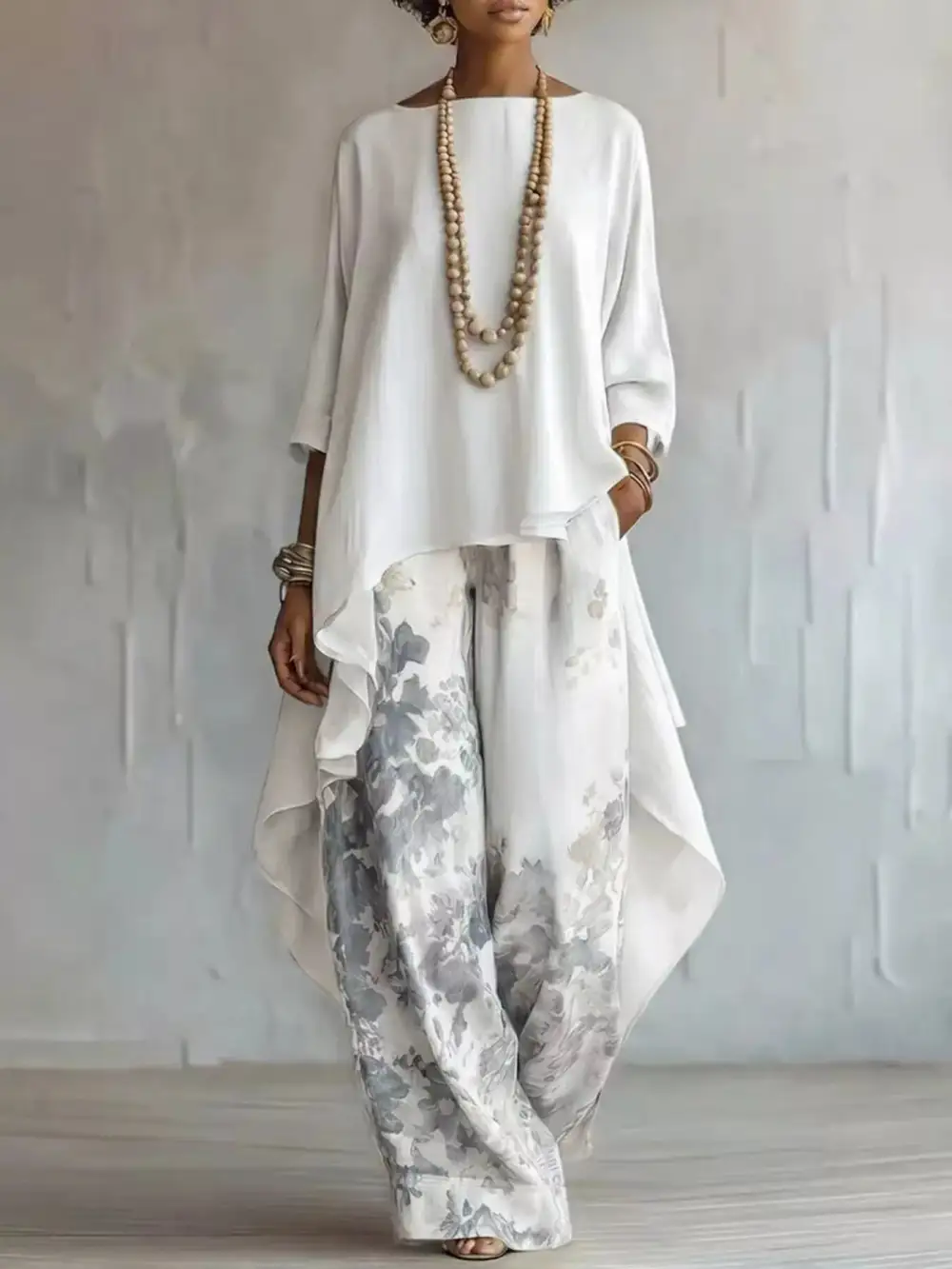 Asymmetrical Hem Top and Floral Pants Set