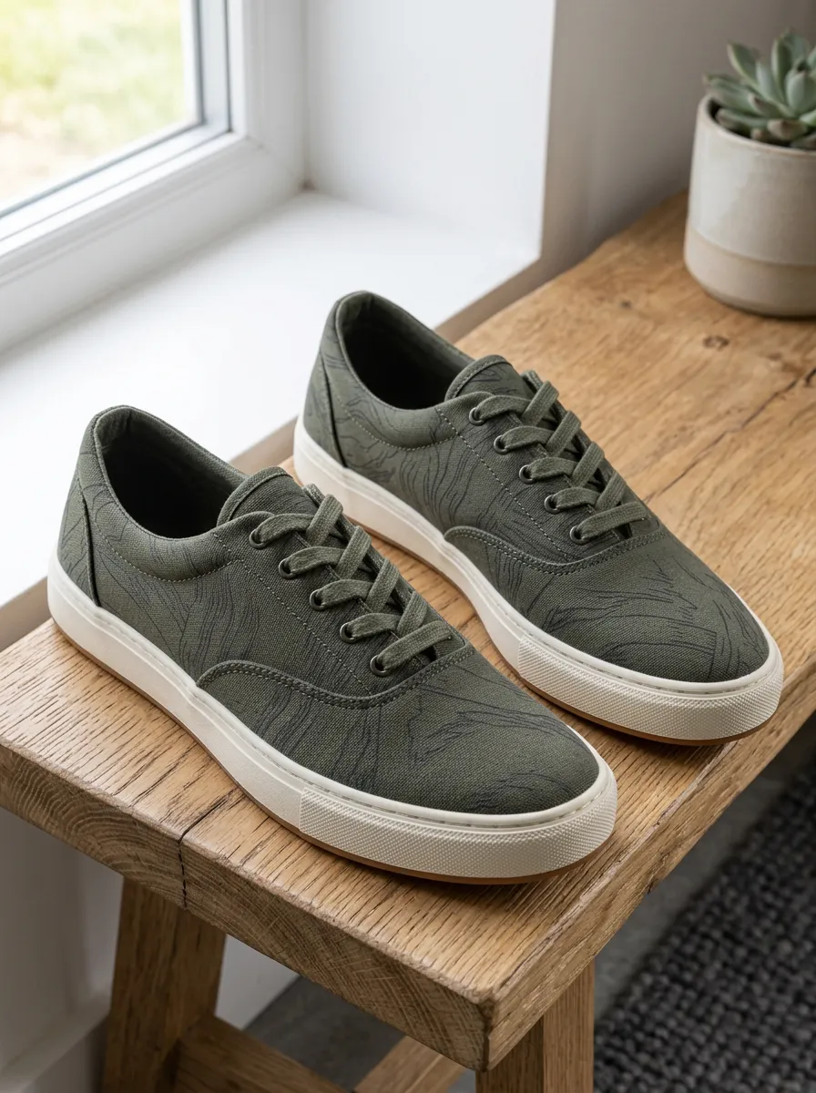 Men's Olive Green Abstract Line Art Printed Canvas Shoes