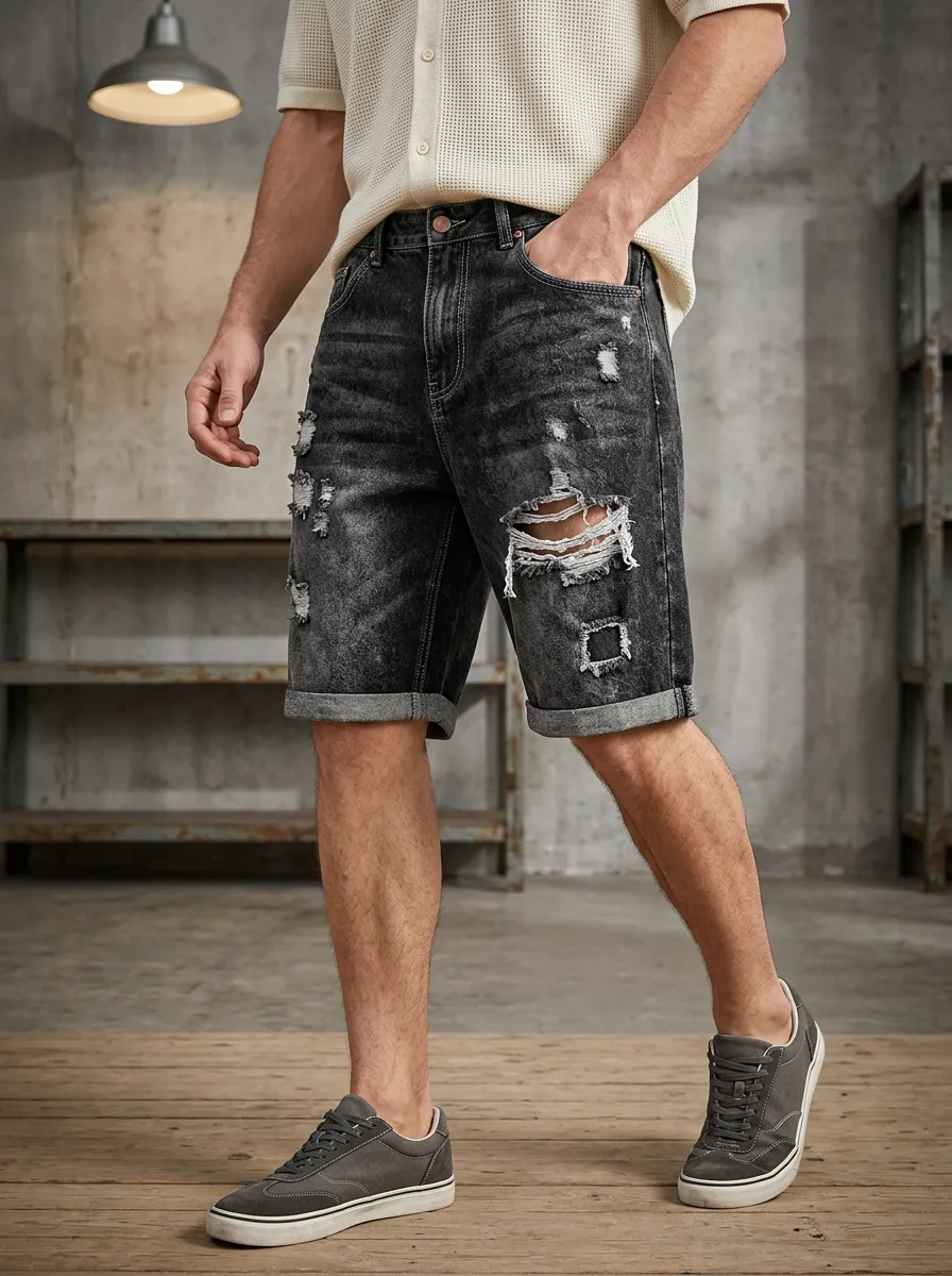 Men's Zip Fly Ripped Denim Shorts