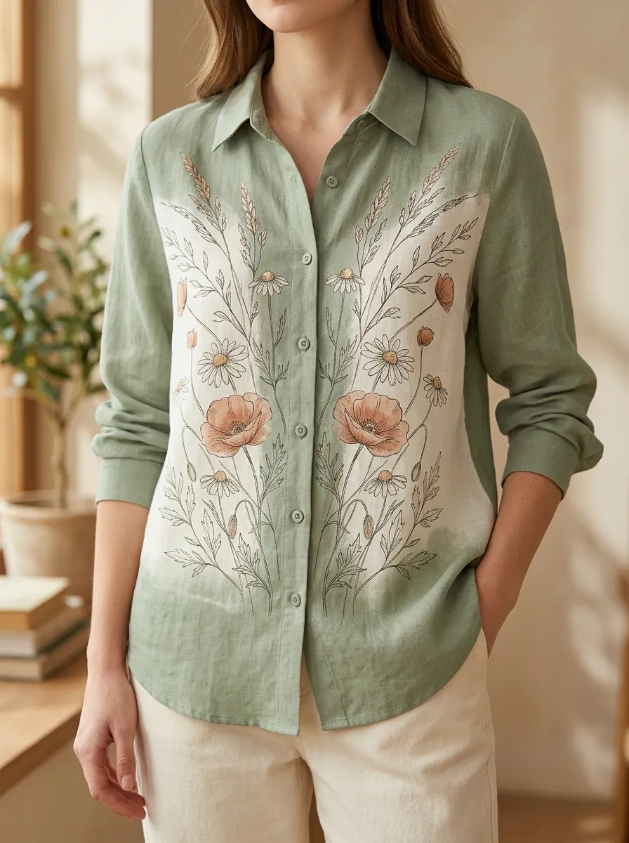 Women's Botanical Poppy Daisy Floral Printed Shirt
