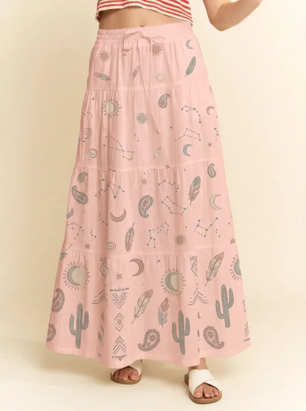 Women's Celestial Boho Cactus Feather Graphic Maxi Skirt