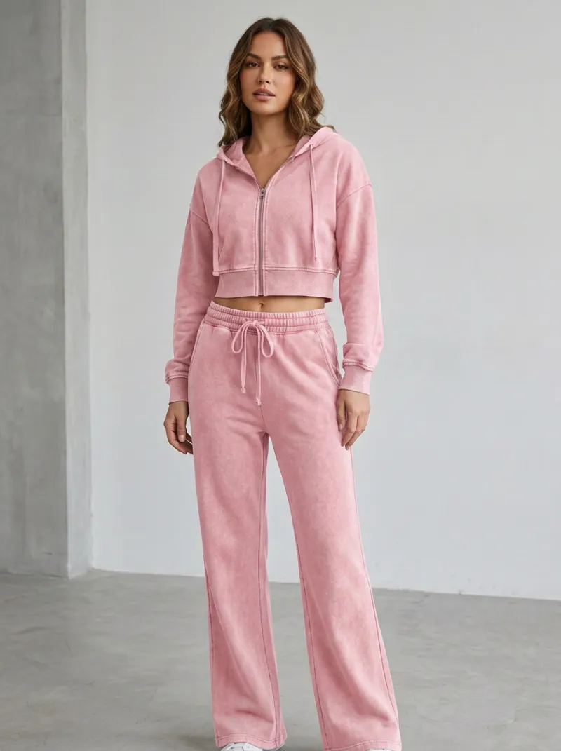 Women's Washed Vintage Inspired Cropped Hooded Jacket and Flare Pants Active Set
