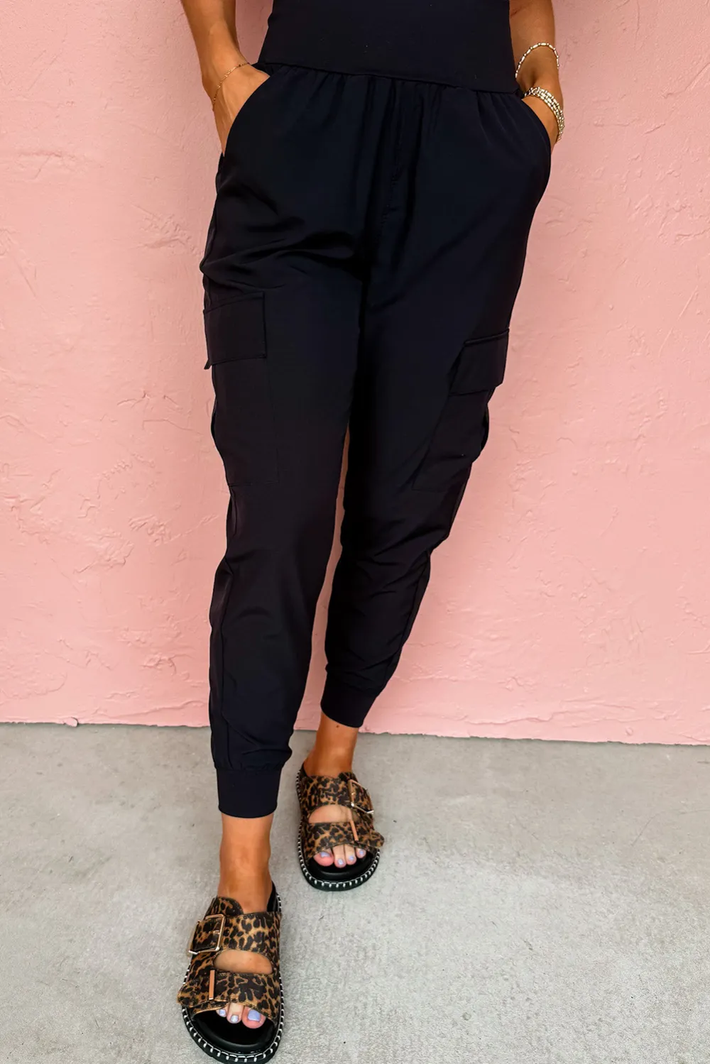 Elastic High Waist Pocketed Cargo Jogger Trousers