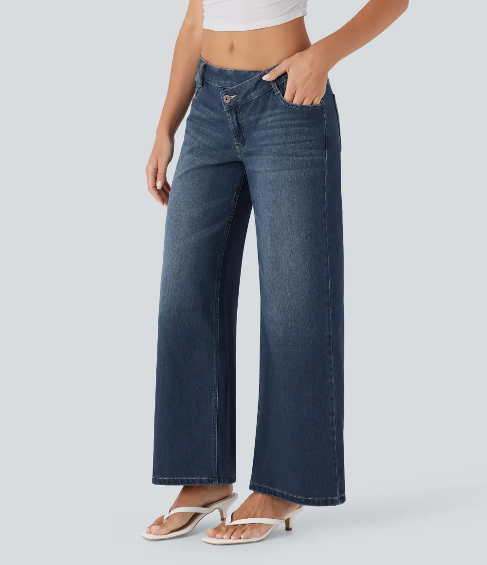 Asymmetric Low Rise Zipper Pockets Baggy Wide Leg Washed Casual Jeans