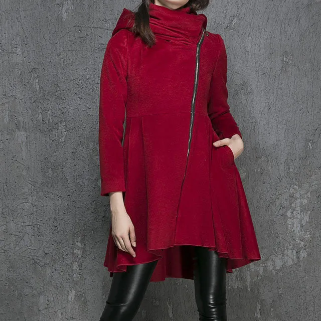 Wool Blend Fit and Flare Hooded Asymmetrical Coat