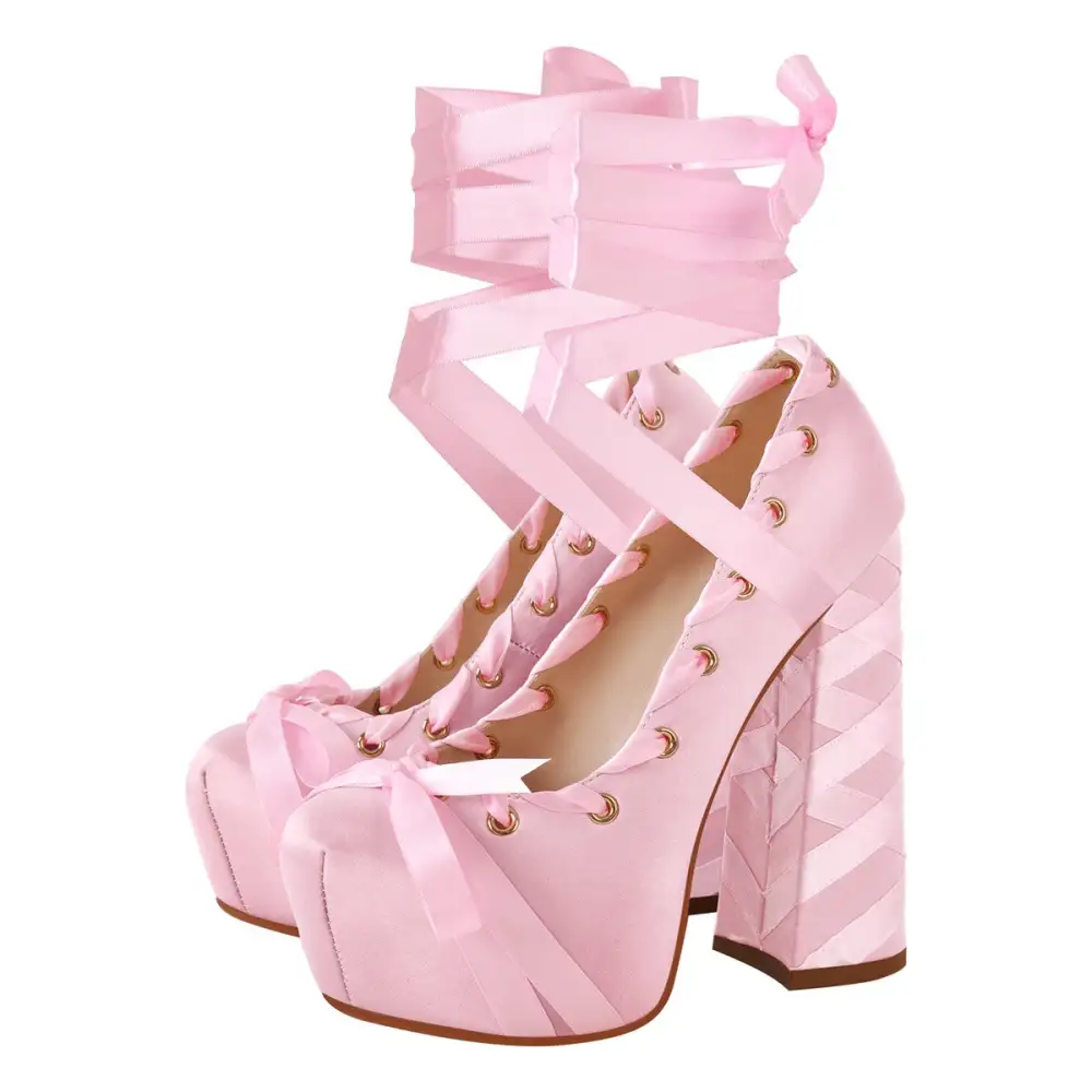 Bow Accent Pointed Toe Platform Chunky Heel Lace Up Pumps