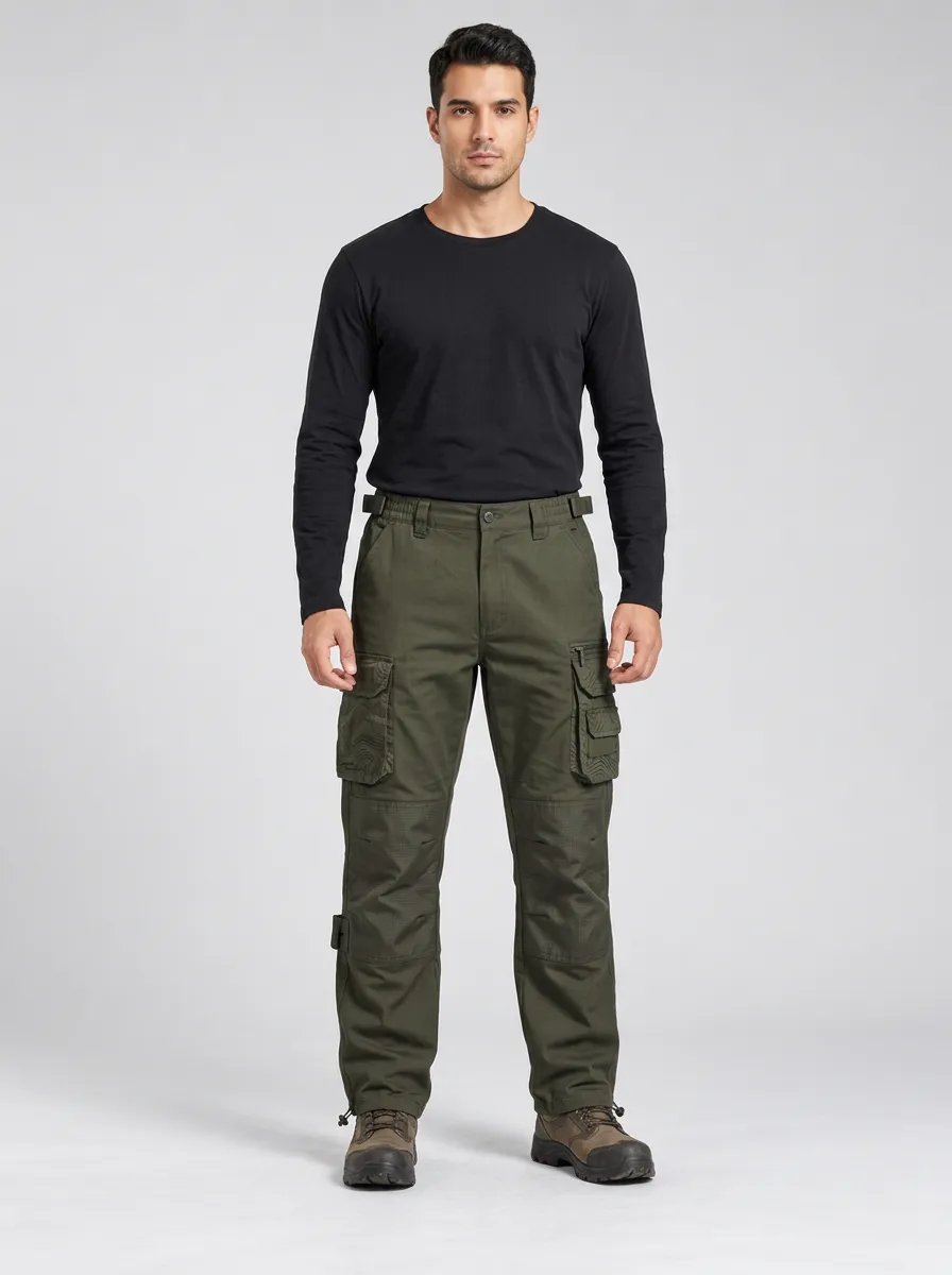 Men's Olive Green Topographic Multi-Pocket Reinforced Knee Integrated Webbing Belt Tactical Cargo Pants