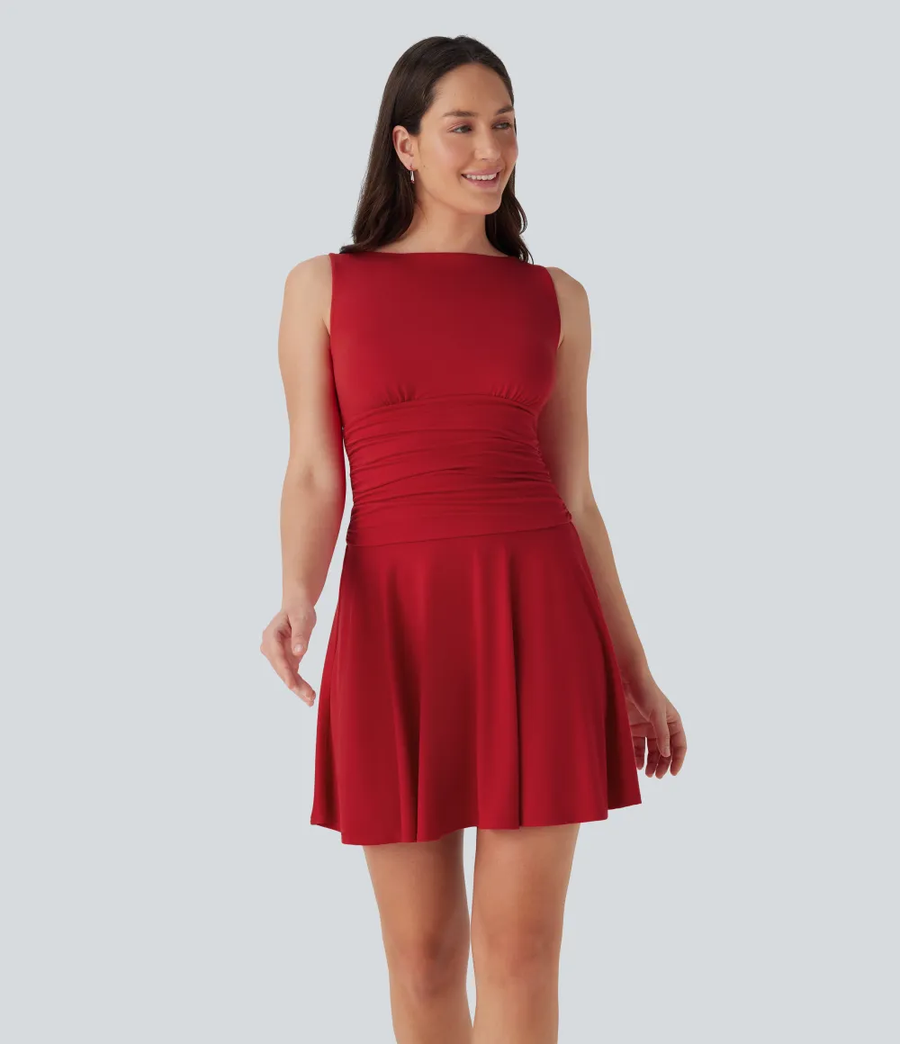 Boat Neck Sleeveless Ruched Flowy Mini Casual Dress