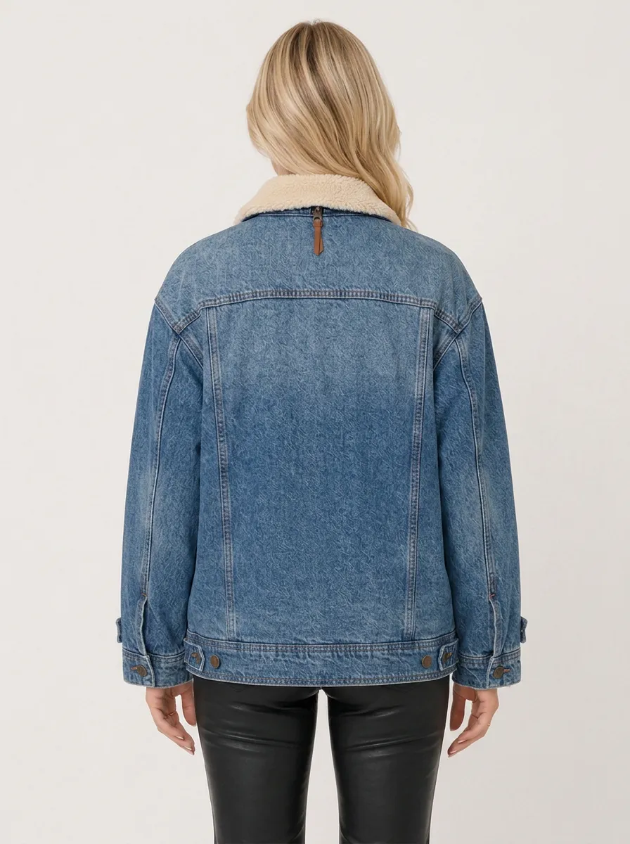 Women's Distressed Sherpa Collar Denim Jacket