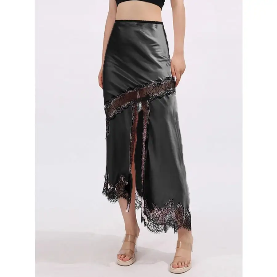Lace Trim Asymmetrical Midi Skirt