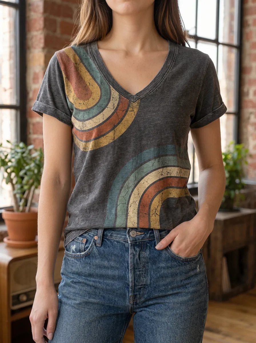 Women's Retro Rainbow Pattern Printed V-Neck T-Shirt