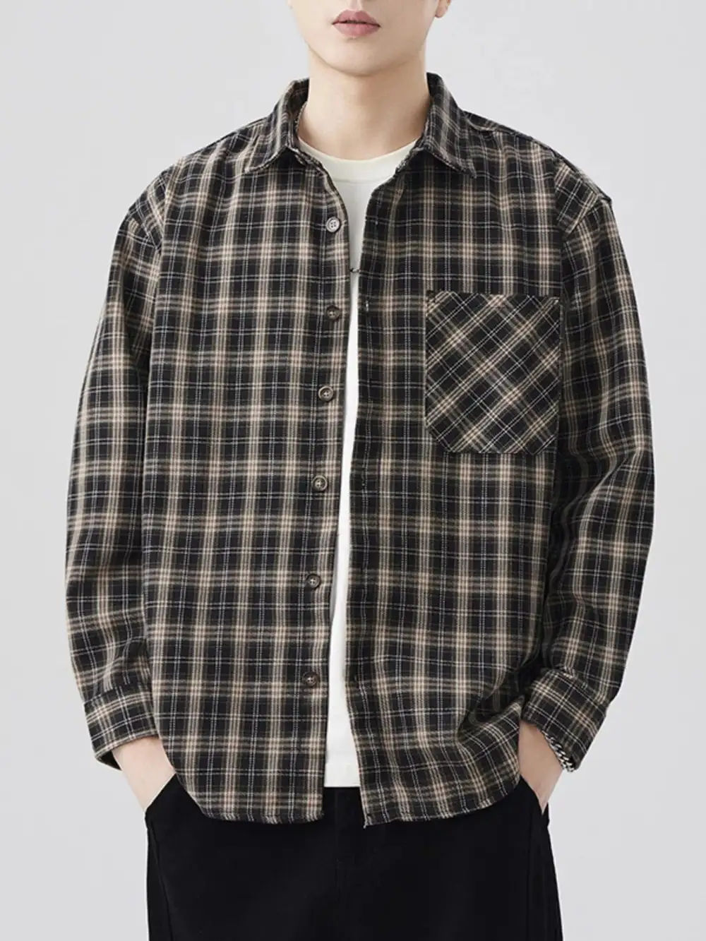 Pocket Detail Plaid Long Sleeve Shirt