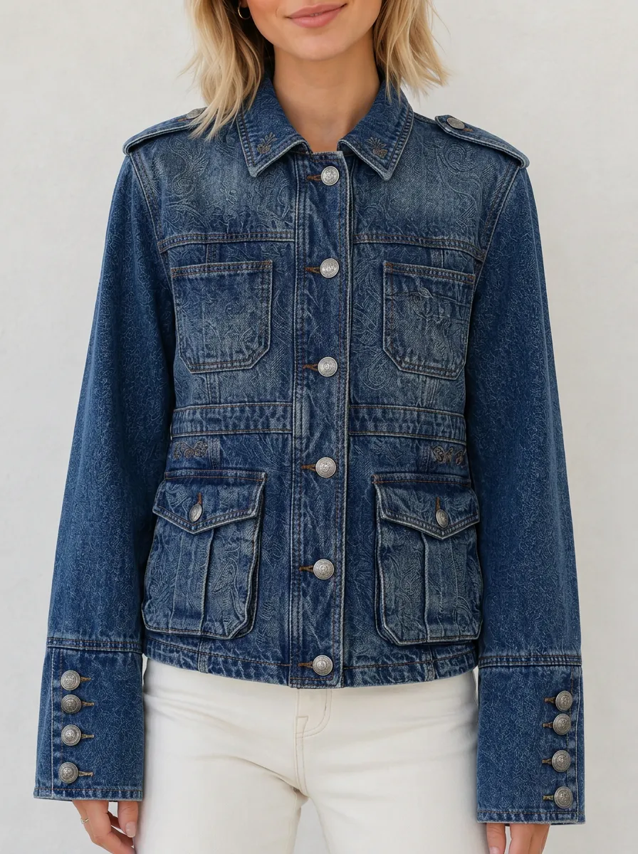Women's Vintage Paisley Pattern Printed Denim Jacket
