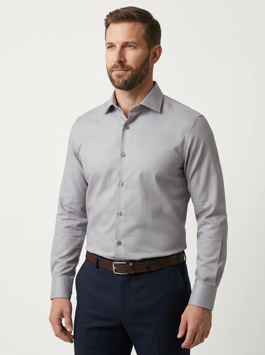 Men's Business Formal Grey Solid Patterned Dress Shirt