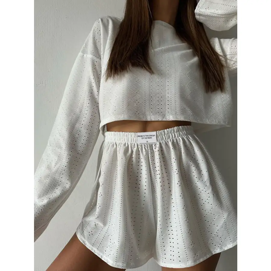 Relaxed Eyelet Round Neck Top and Shorts Set
