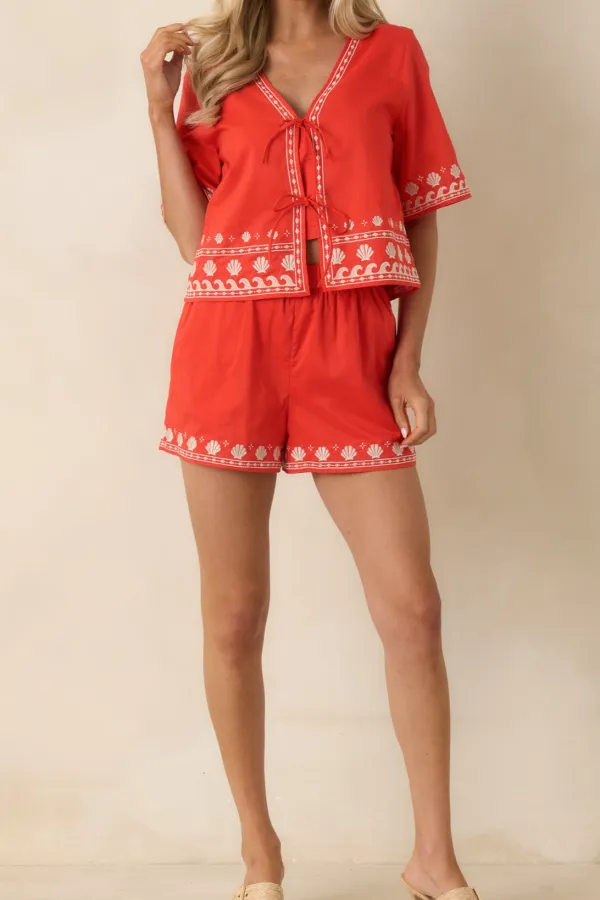 Poppy Wave Embroidered Cotton Shorts