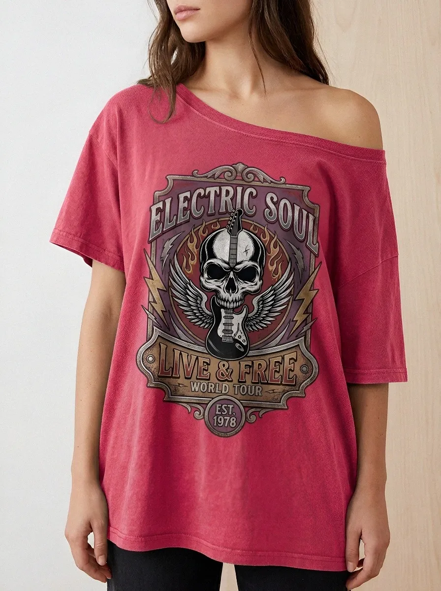Women's Rock Music Lover Skull Guitar Wings Printed T-shirt