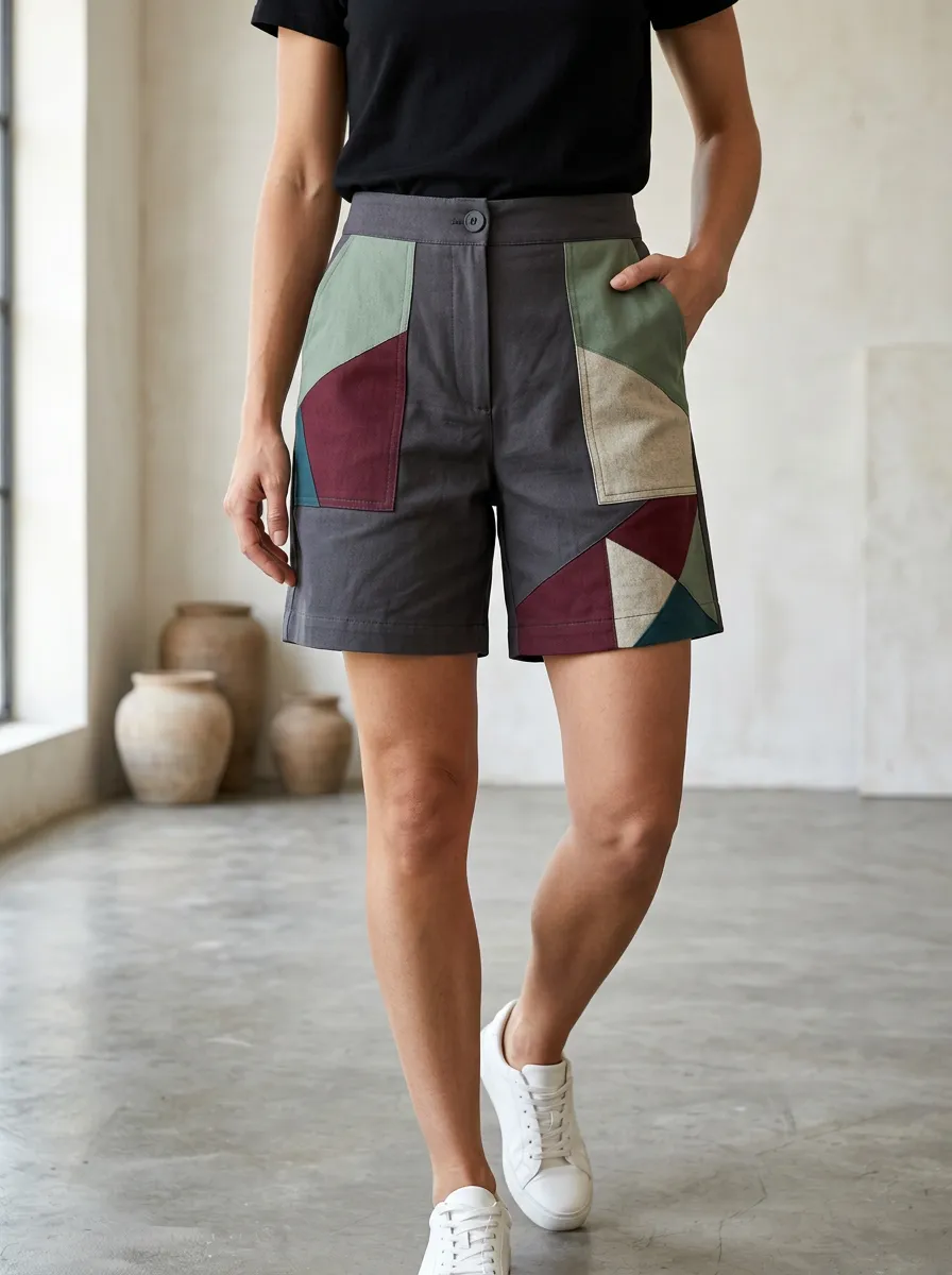 Women's Relaxed Geometric Colorblock Patchwork Printed Shorts