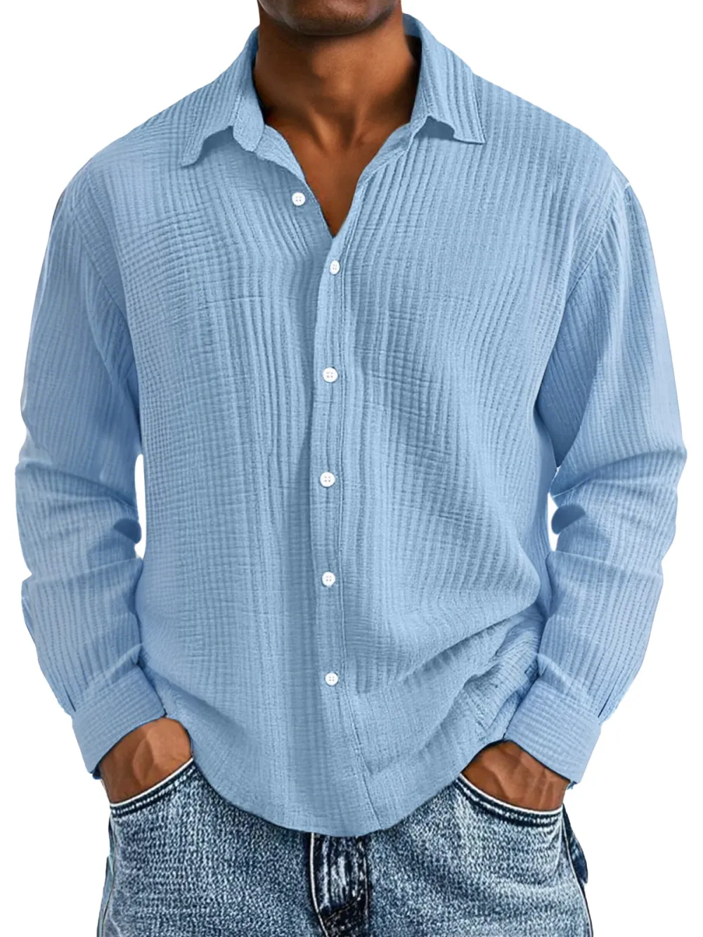 Layered Long Sleeve Camp Collar Pleated Front Shirt