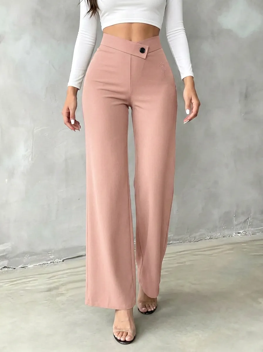 Women's Streamlined Flexible Floral Embroidered Mid Rise Straight Leg Pants