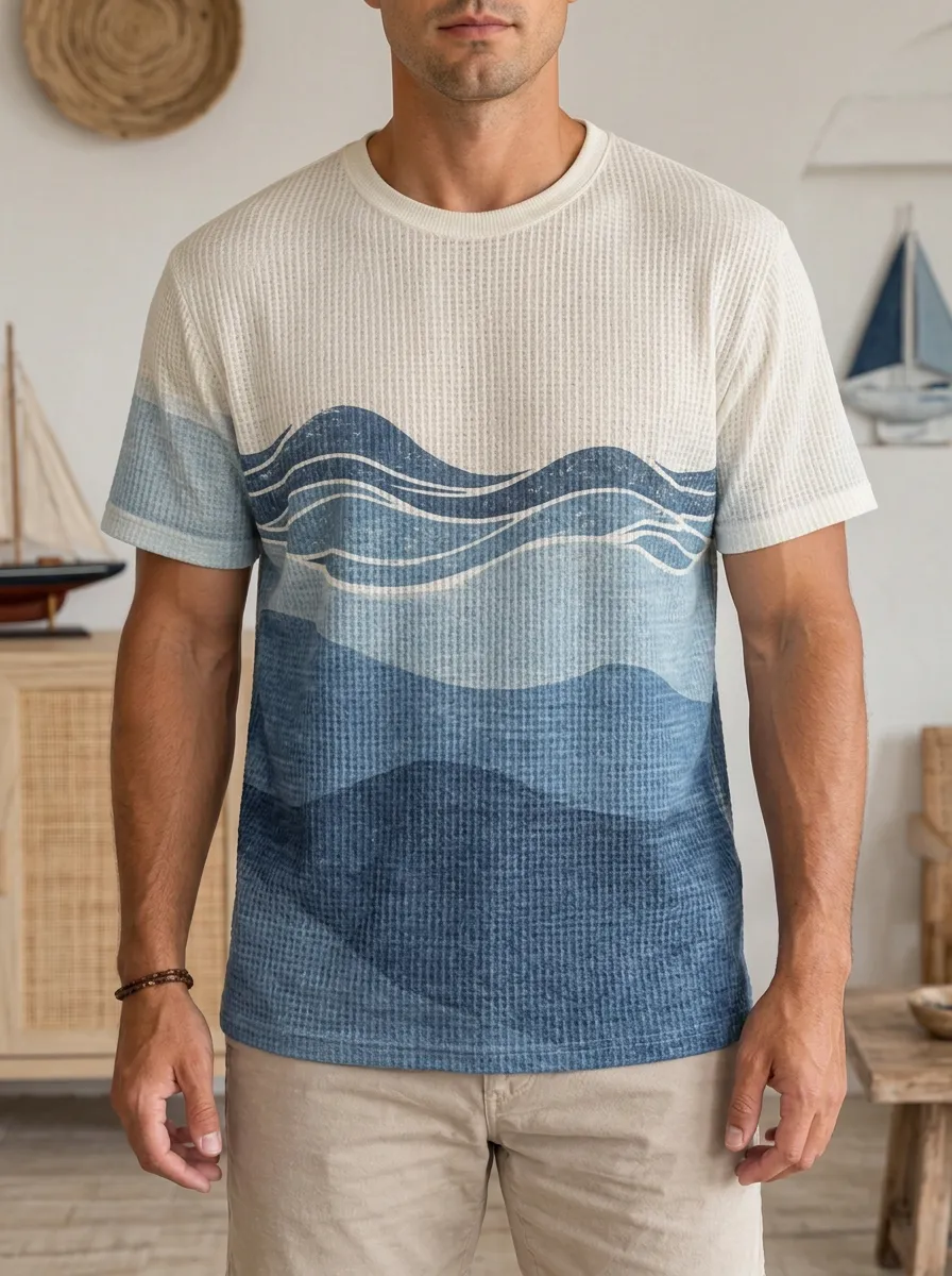 Men's Beach Lover Ocean Wave Waffle Crew Neck T-Shirt