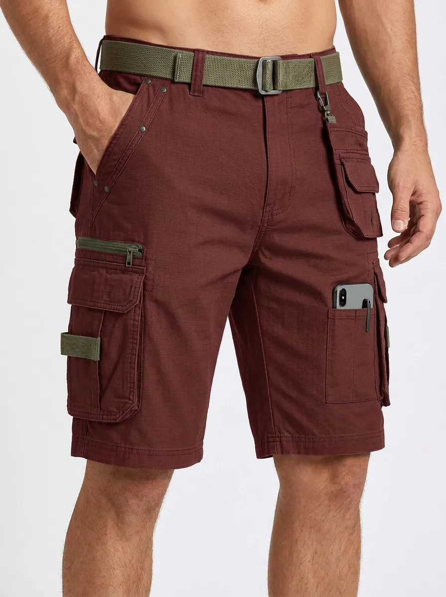 Men's Integrated Web Belt Zip Cargo Pockets Pen Slot Cargo Shorts