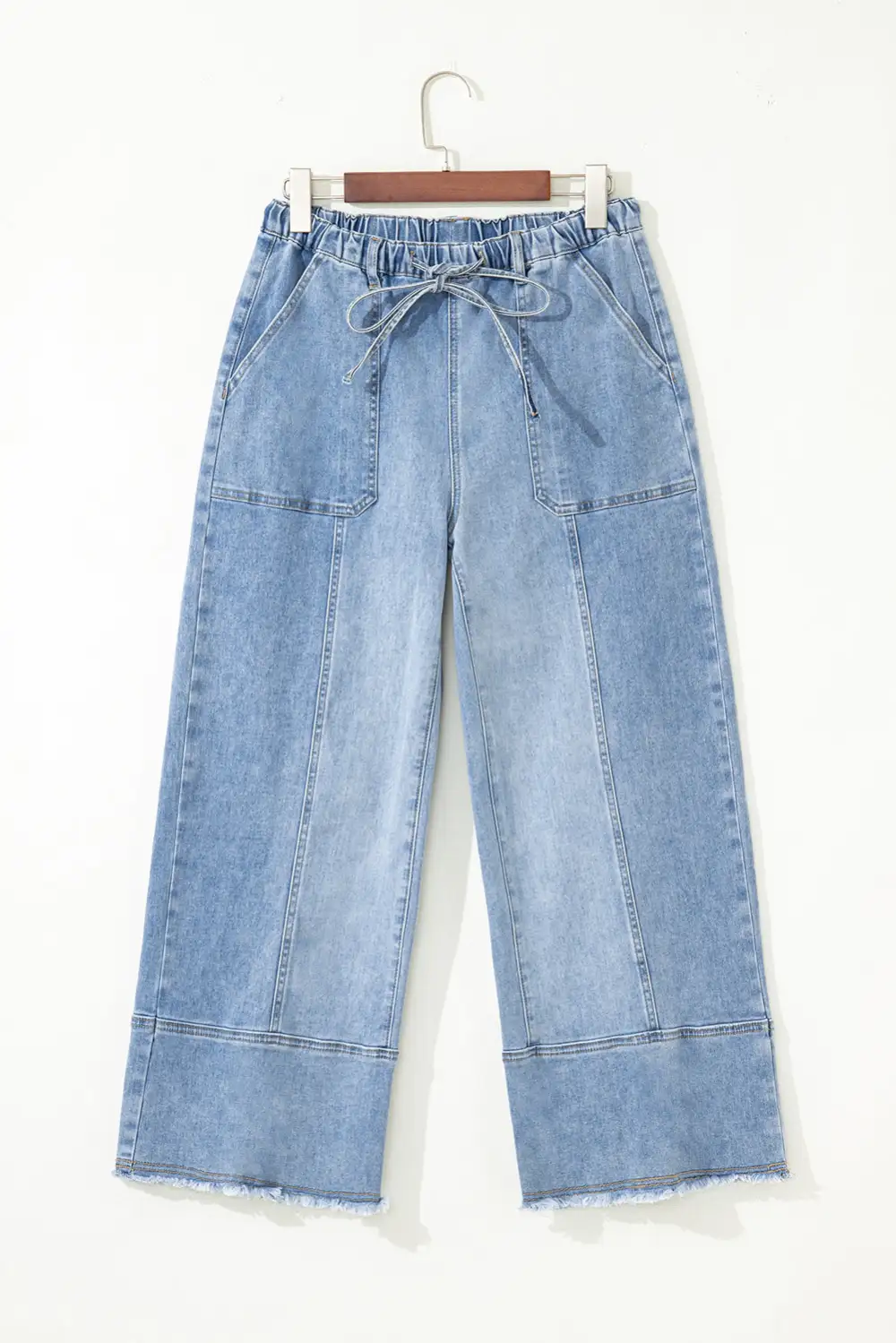Women's Wide Leg Denim Pants With Drawstring Seam Detail
