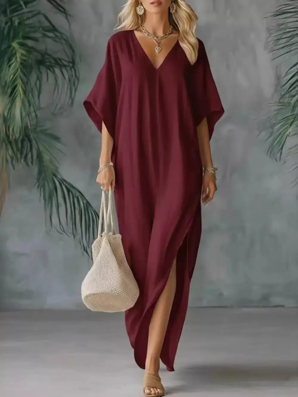 Full Size V Neck Maxi Dress With Side Slits Plus Size