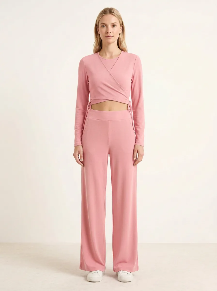 Women's Layered Wrap Crop Top and Side-Tie Wide-Leg Trouser Set