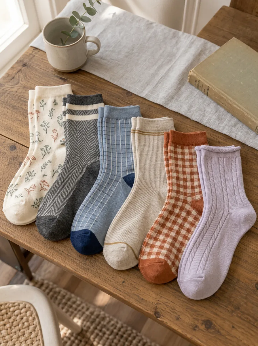 Women's Vintage Aesthetic Floral Plaid Herringbone Printed Socks 6-Pack