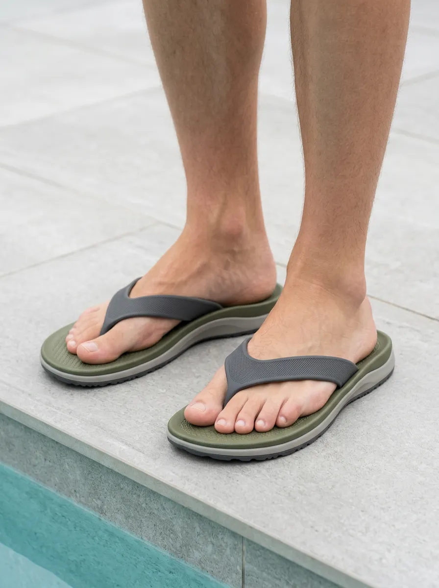 Men's Casual Summer Olive Grey Textured Printed Flip Flops