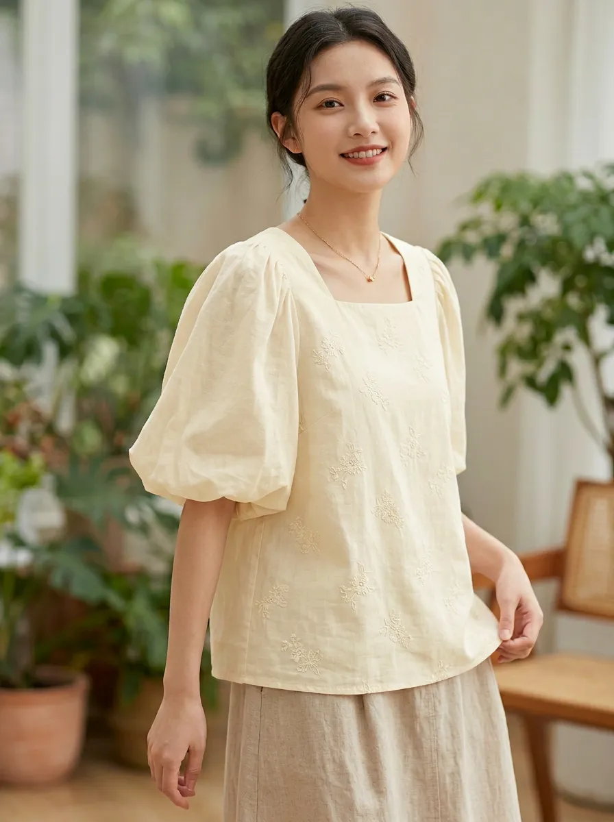Embroidered Square-Neck Button-Front Women's Puff-Sleeve Blouse