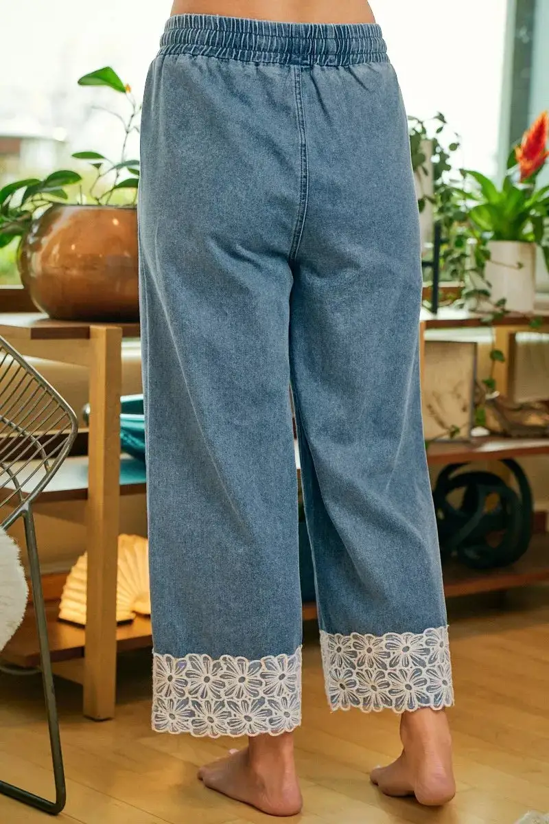 Bibi Washed Denim Waist Flower Lace Trim Pants